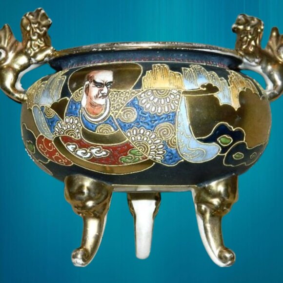 Antique Incense Burner Japan Satsuma Moriage Earthenware Foo Dog Hand Painted - Picture 2 of 16